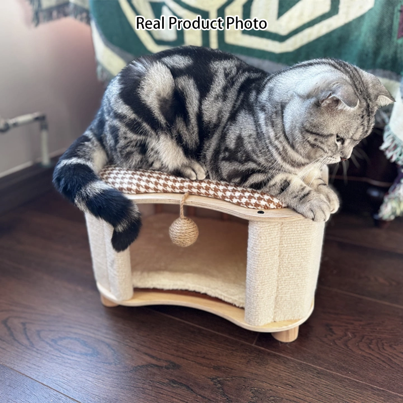Modern Minimalist Linen Velvet Pine Wood Beech Wood Oval Removable Cat Bed 1-Toy Ball For Living Room & Bedroom