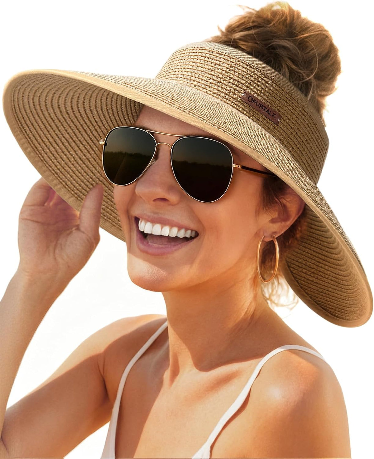 FURTALK Womens Sun Hat with Ponytail Hole Wide Brim Beach Straw Visor