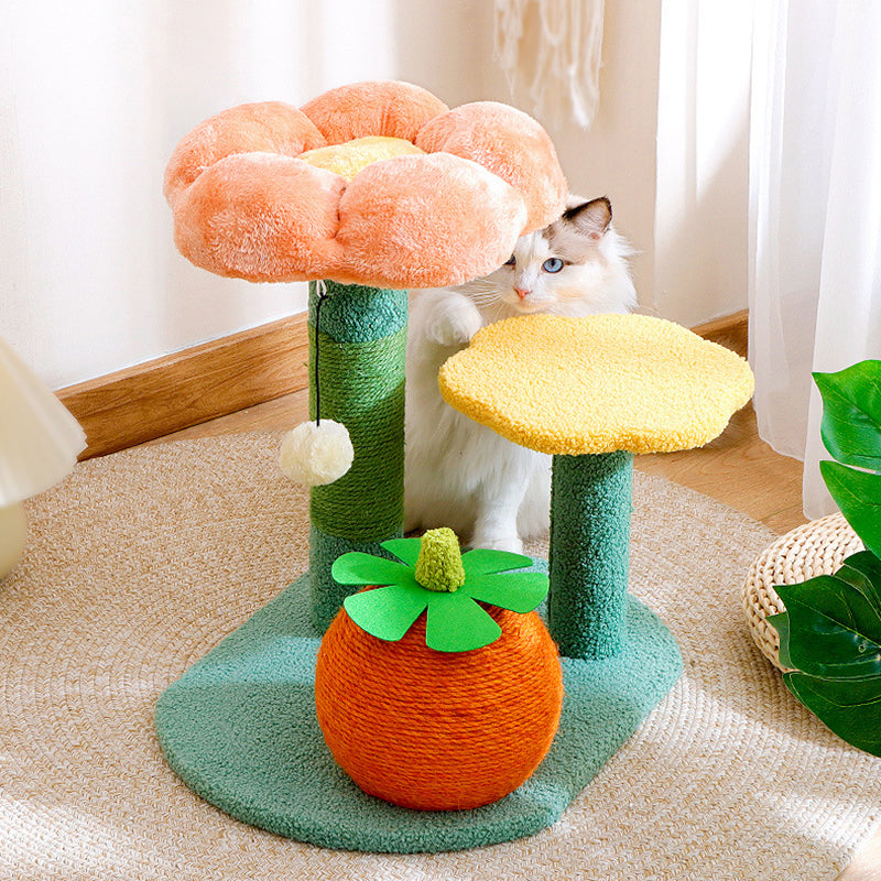 Contemporary Creative Round Particleboard Sisal Velvet Fabric Cat Tree 2-Perch For Living Room