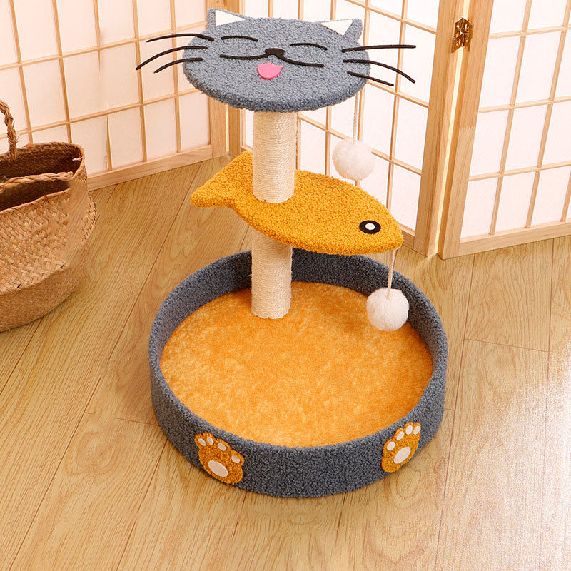 Contemporary Creative Round Medium-Density Fiberboard Hemp Rope Velvet Fabric Cat Tree 2-Perch For Living Room