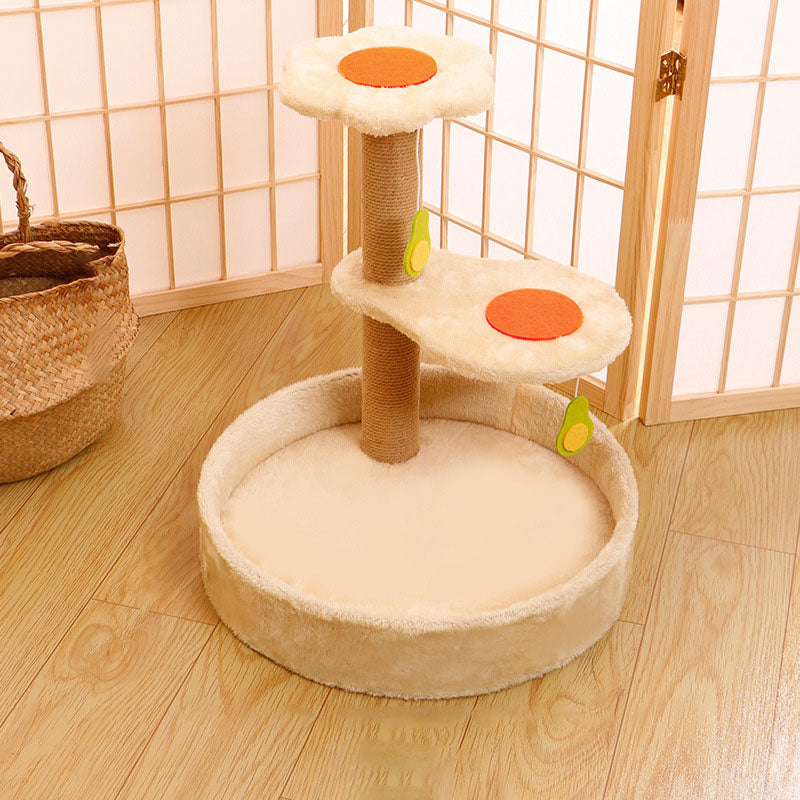 Contemporary Creative Round Medium-Density Fiberboard Hemp Rope Velvet Fabric Cat Tree 2-Perch For Living Room
