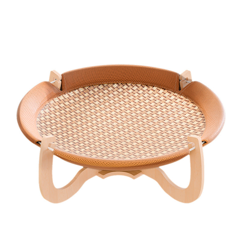 Contemporary Boho Round Plastic Rattan Mat Plywood Fabric Medium Density Fiberboard Cat Bed For Bedroom
