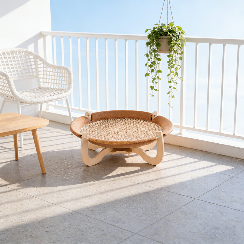 Contemporary Boho Round Plastic Rattan Mat Plywood Fabric Medium Density Fiberboard Cat Bed For Bedroom
