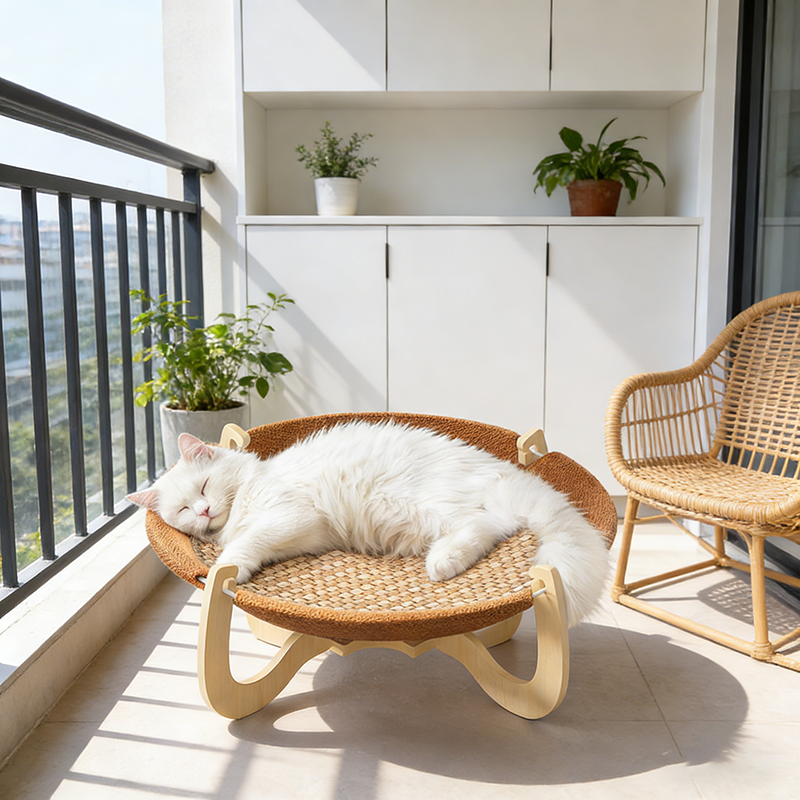 Contemporary Boho Round Plastic Rattan Mat Plywood Fabric Medium Density Fiberboard Cat Bed For Bedroom