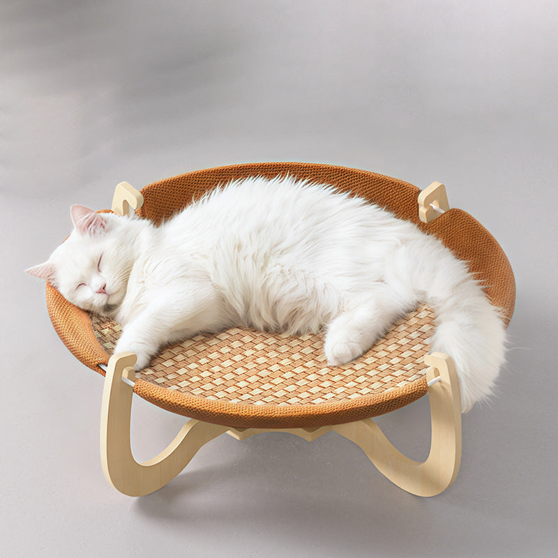 Contemporary Boho Round Plastic Rattan Mat Plywood Fabric Medium Density Fiberboard Cat Bed For Bedroom
