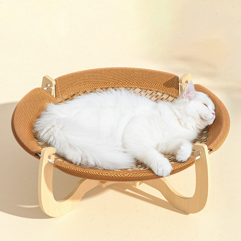 Contemporary Boho Round Plastic Rattan Mat Plywood Fabric Medium Density Fiberboard Cat Bed For Bedroom