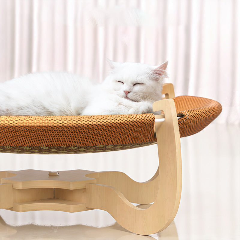Contemporary Boho Round Plastic Rattan Mat Plywood Fabric Medium Density Fiberboard Cat Bed For Bedroom