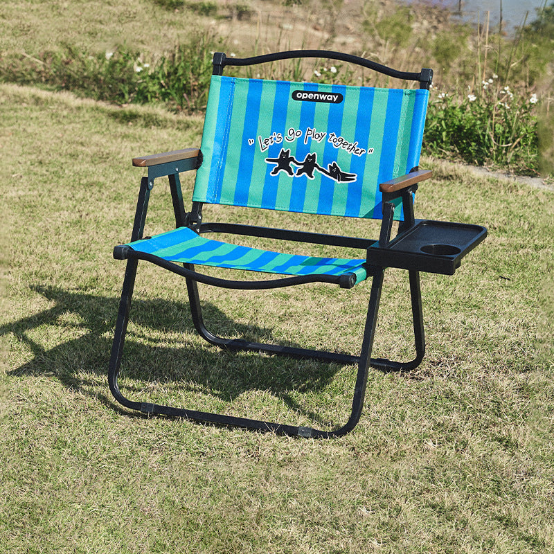Modern Minimalist Square Oxford Fabric Carbon Steel Walnut Wood Foldable Storage Backrest Armrest Camping Chair For Outdoor