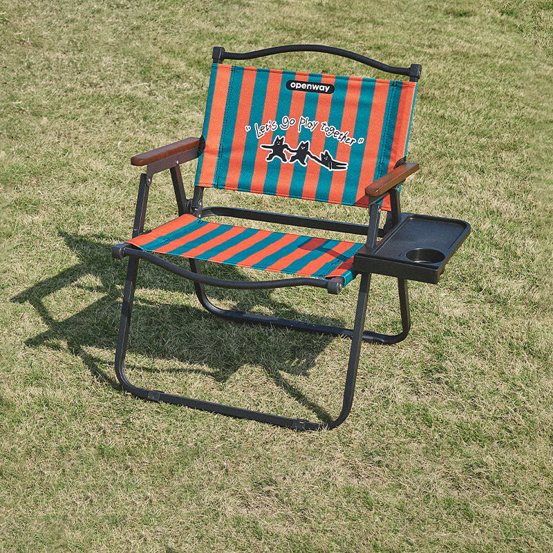 Modern Minimalist Square Oxford Fabric Carbon Steel Walnut Wood Foldable Storage Backrest Armrest Camping Chair For Outdoor