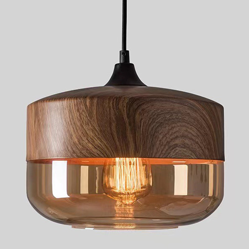 Contemporary Industrial Iron & Glass Barrel Cylinder Globe 1-Light Pendant Light For Dining Room