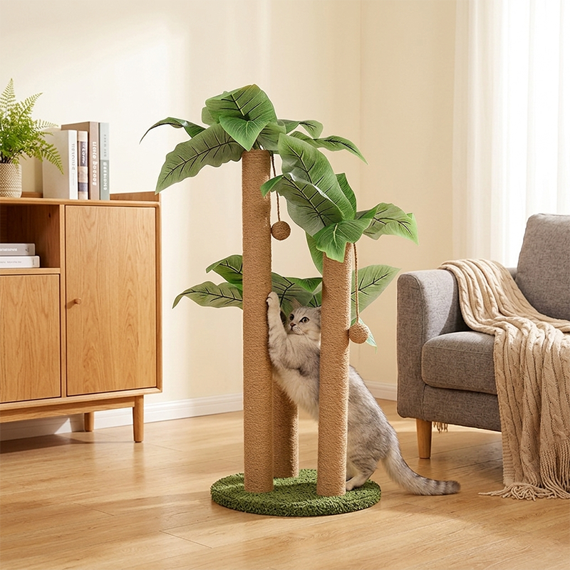 Contemporary Creative Tree-Shaped Jute Rope Plastic Teddy Fleece Medium Density Fiberboard Paper Tube Cat Scratching Post With Toy Ball For Living Room