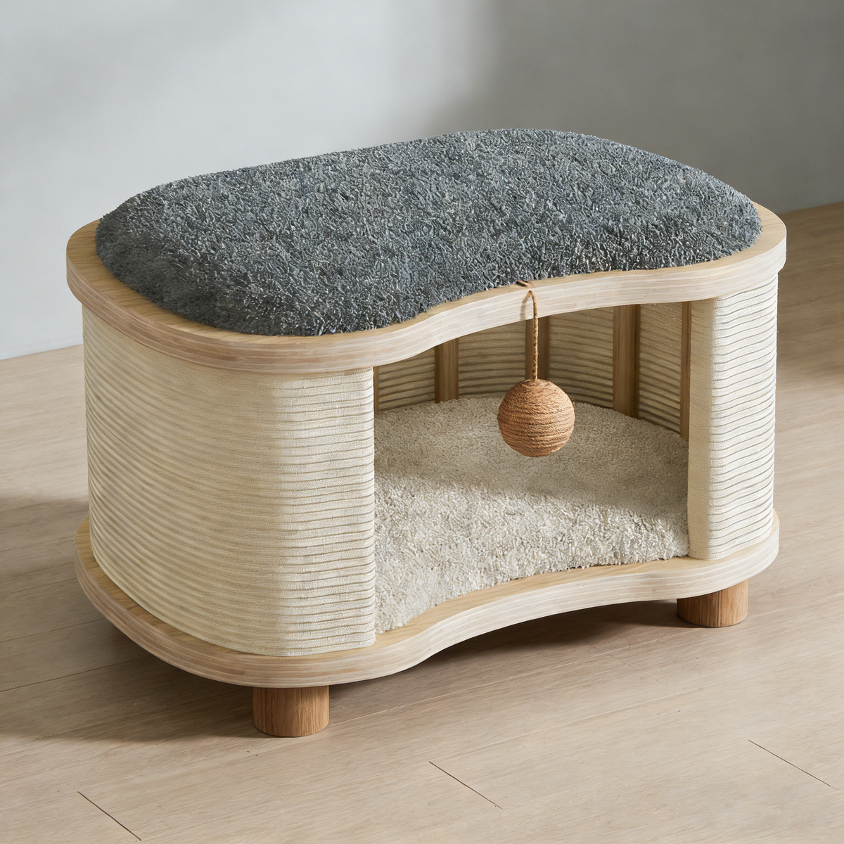 Modern Minimalist Linen Velvet Pine Wood Beech Wood Oval Removable Cat Bed 1-Toy Ball For Living Room & Bedroom