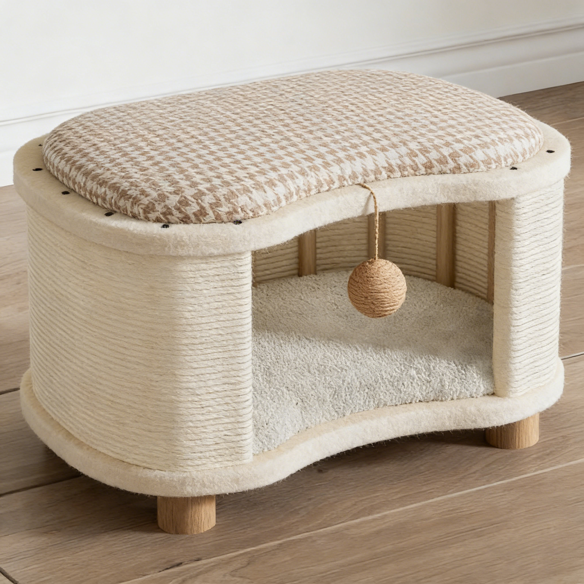Modern Minimalist Linen Velvet Pine Wood Beech Wood Oval Removable Cat Bed 1-Toy Ball For Living Room & Bedroom