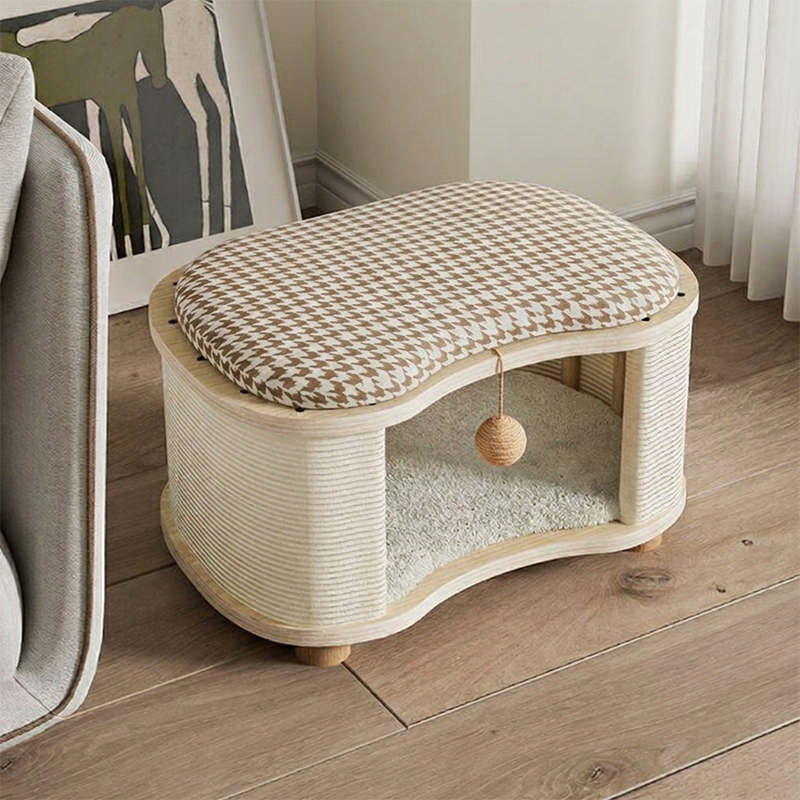 Modern Minimalist Linen Velvet Pine Wood Beech Wood Oval Removable Cat Bed 1-Toy Ball For Living Room & Bedroom