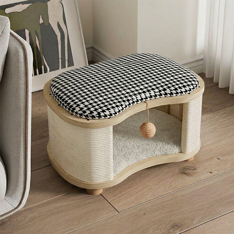 Modern Minimalist Linen Velvet Pine Wood Beech Wood Oval Removable Cat Bed 1-Toy Ball For Living Room & Bedroom