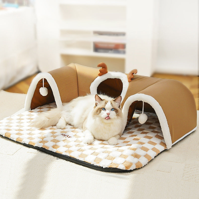 Contemporary Creative Short Velvet PVC Rectangular Tunnel-shaped Cat Bed 1-Toy Ball For Living Room & Bedroom