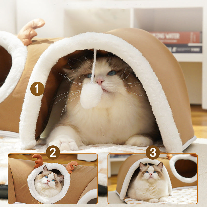 Contemporary Creative Short Velvet PVC Rectangular Tunnel-shaped Cat Bed 1-Toy Ball For Living Room & Bedroom