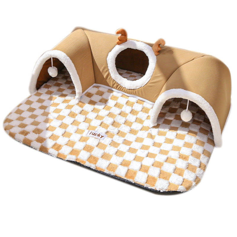 Contemporary Creative Short Velvet PVC Rectangular Tunnel-shaped Cat Bed 1-Toy Ball For Living Room & Bedroom