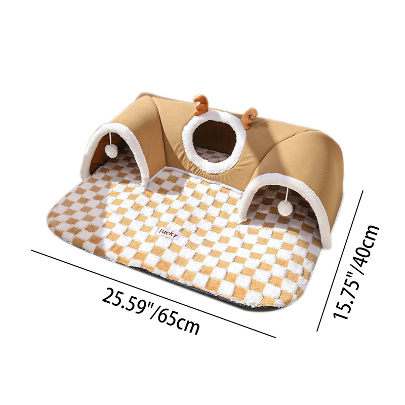 Contemporary Creative Short Velvet PVC Rectangular Tunnel-shaped Cat Bed 1-Toy Ball For Living Room & Bedroom