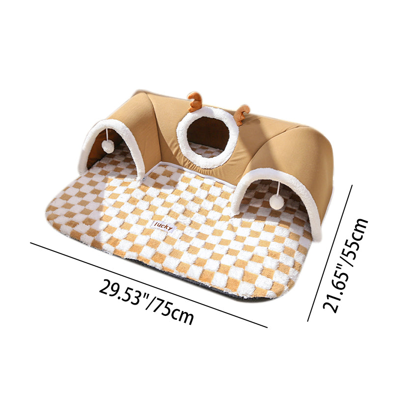 Contemporary Creative Short Velvet PVC Rectangular Tunnel-shaped Cat Bed 1-Toy Ball For Living Room & Bedroom