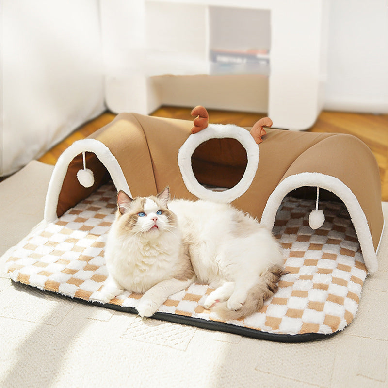 Contemporary Creative Short Velvet PVC Rectangular Tunnel-shaped Cat Bed 1-Toy Ball For Living Room & Bedroom