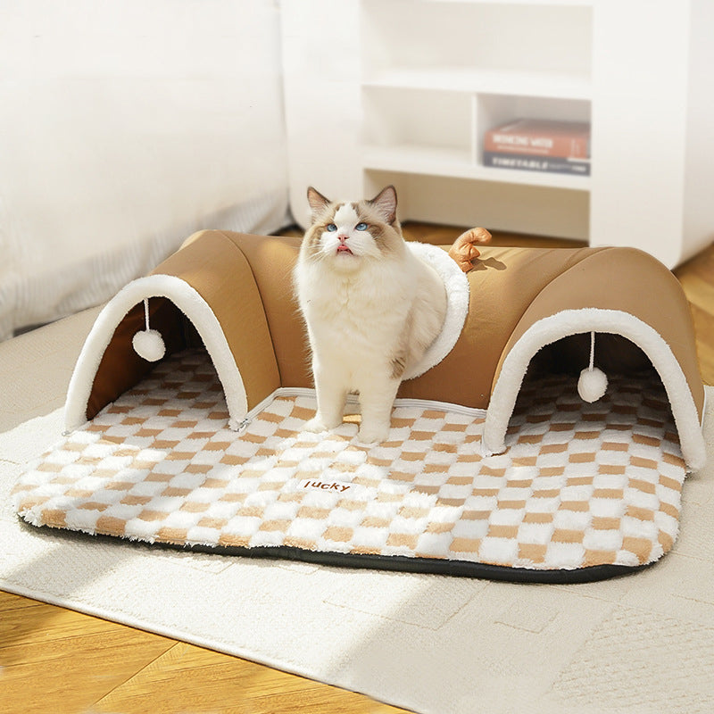 Contemporary Creative Short Velvet PVC Rectangular Tunnel-shaped Cat Bed 1-Toy Ball For Living Room & Bedroom