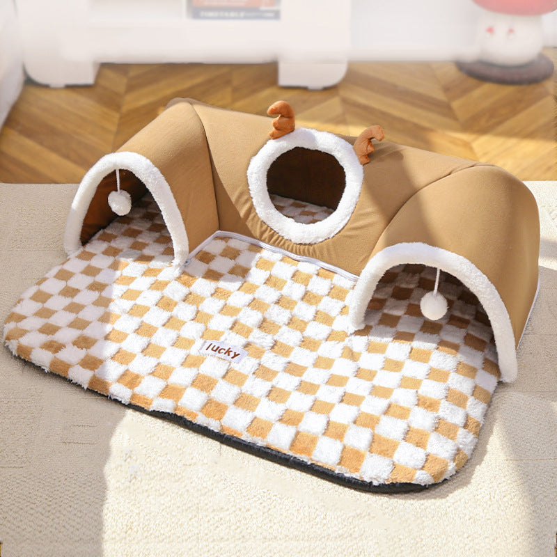 Contemporary Creative Short Velvet PVC Rectangular Tunnel-shaped Cat Bed 1-Toy Ball For Living Room & Bedroom