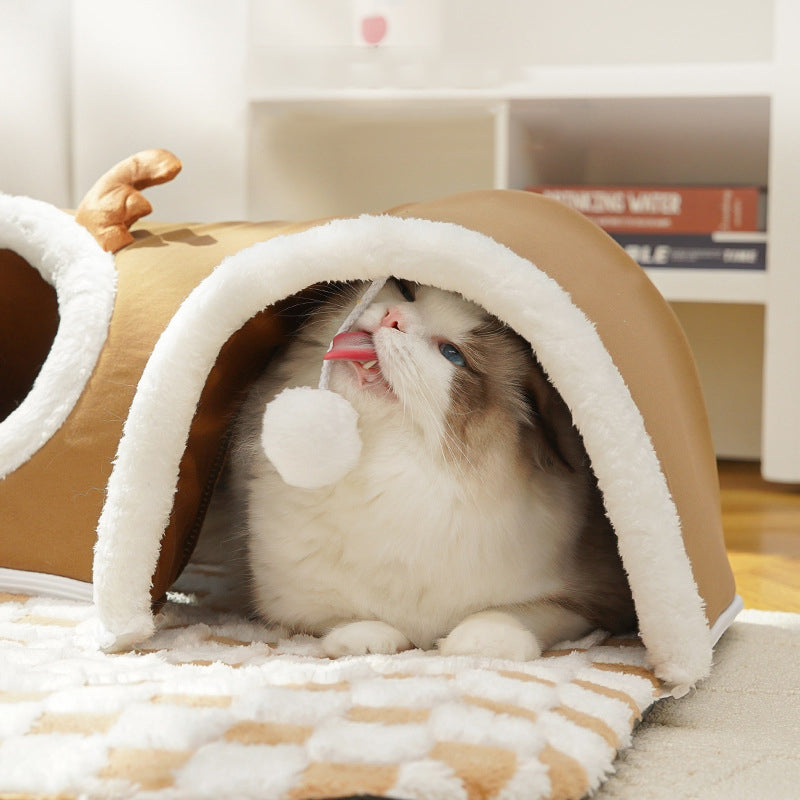 Contemporary Creative Short Velvet PVC Rectangular Tunnel-shaped Cat Bed 1-Toy Ball For Living Room & Bedroom