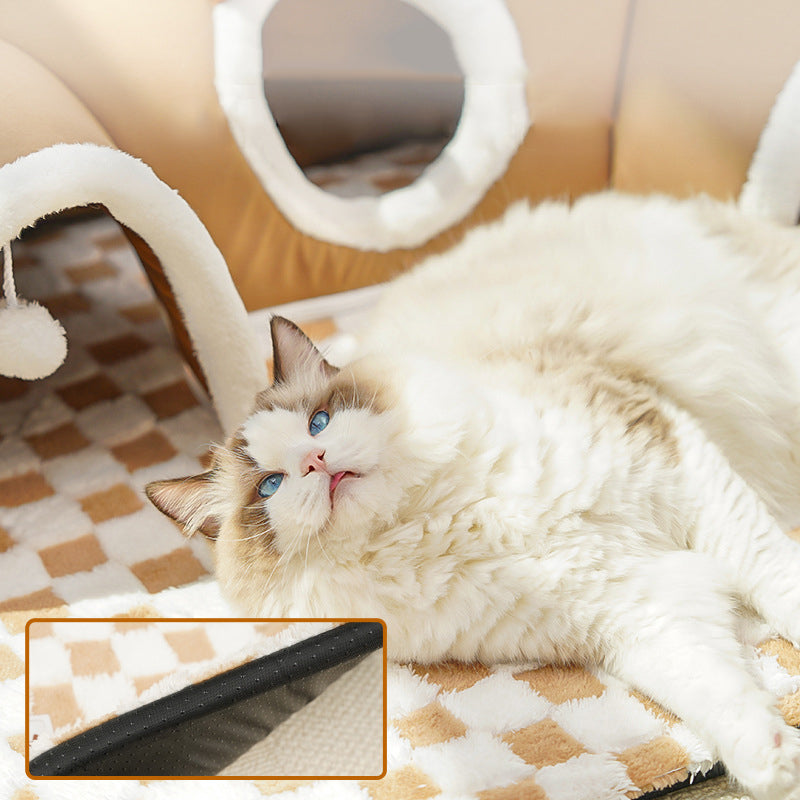 Contemporary Creative Short Velvet PVC Rectangular Tunnel-shaped Cat Bed 1-Toy Ball For Living Room & Bedroom