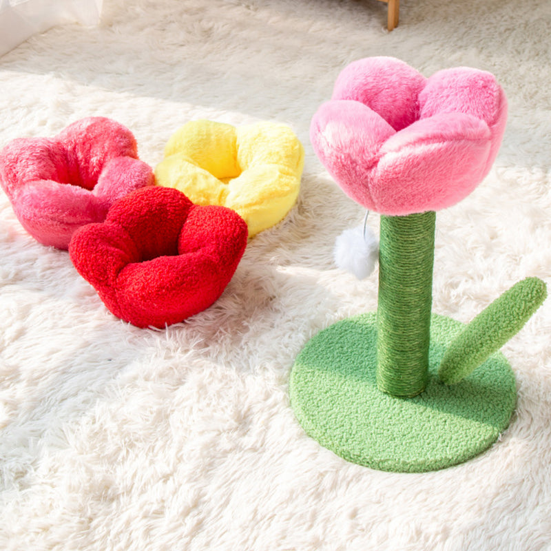Contemporary Creative Sisal Velvet Particle Board Round Tulip-Shaped Cat Scratching Post 1-Toy Ball For Living Room
