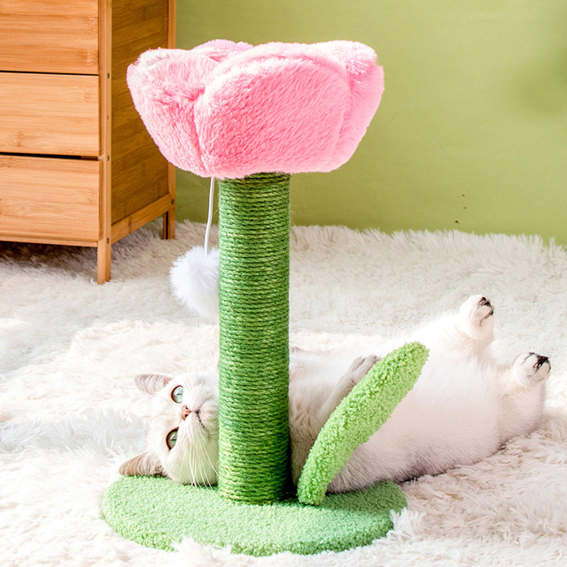 Contemporary Creative Sisal Velvet Particle Board Round Tulip-Shaped Cat Scratching Post 1-Toy Ball For Living Room