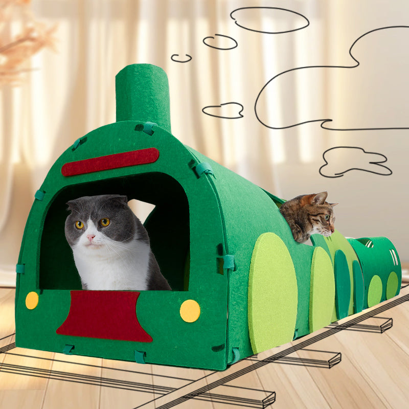 Contemporary Creative Non-woven Fabric Corrugated Paper Arched Rectangular Removable Cat Bed Green Train Tunnel & Scratching Board For Living Room & Bedroom