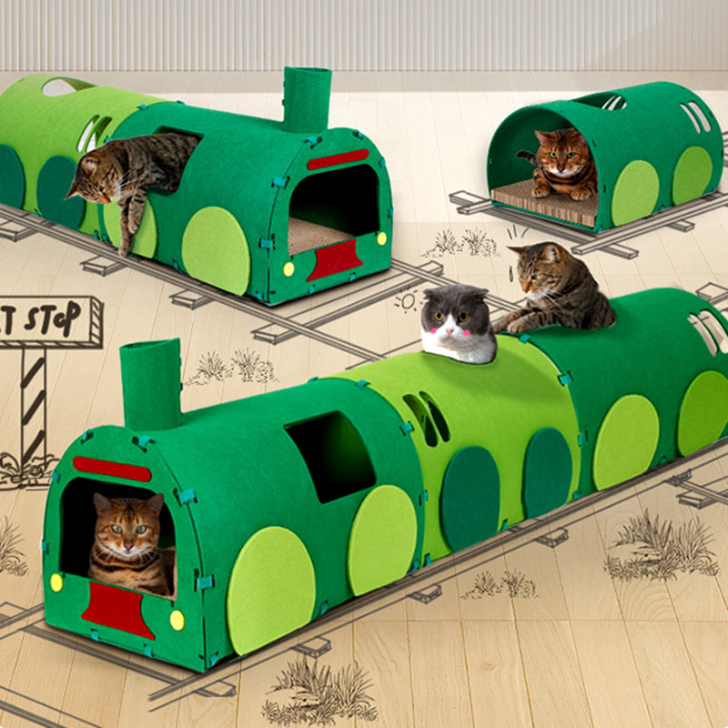 Contemporary Creative Non-woven Fabric Corrugated Paper Arched Rectangular Removable Cat Bed Green Train Tunnel & Scratching Board For Living Room & Bedroom