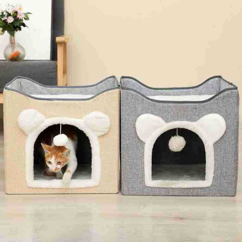 Modern Minimalist Linen Velvet MDF Sisal Square Foldable Cat Bed Double-Layer Pet House For Living Room & Bedroom