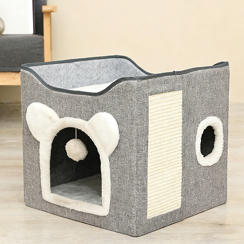 Modern Minimalist Linen Velvet MDF Sisal Square Foldable Cat Bed Double-Layer Pet House For Living Room & Bedroom