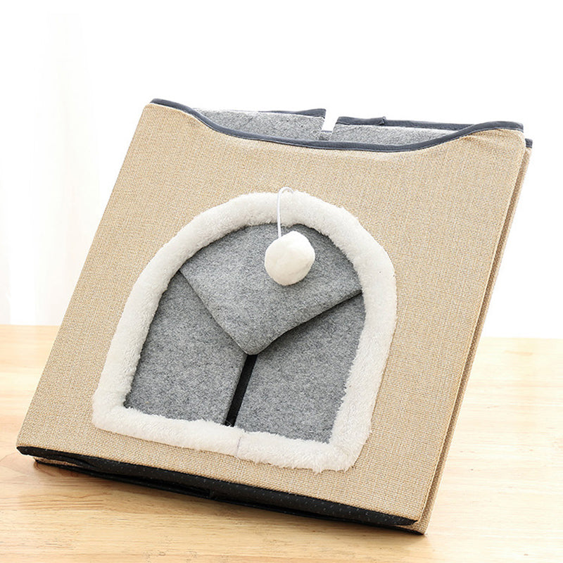 Modern Minimalist Linen Velvet MDF Sisal Square Foldable Cat Bed Double-Layer Pet House For Living Room & Bedroom