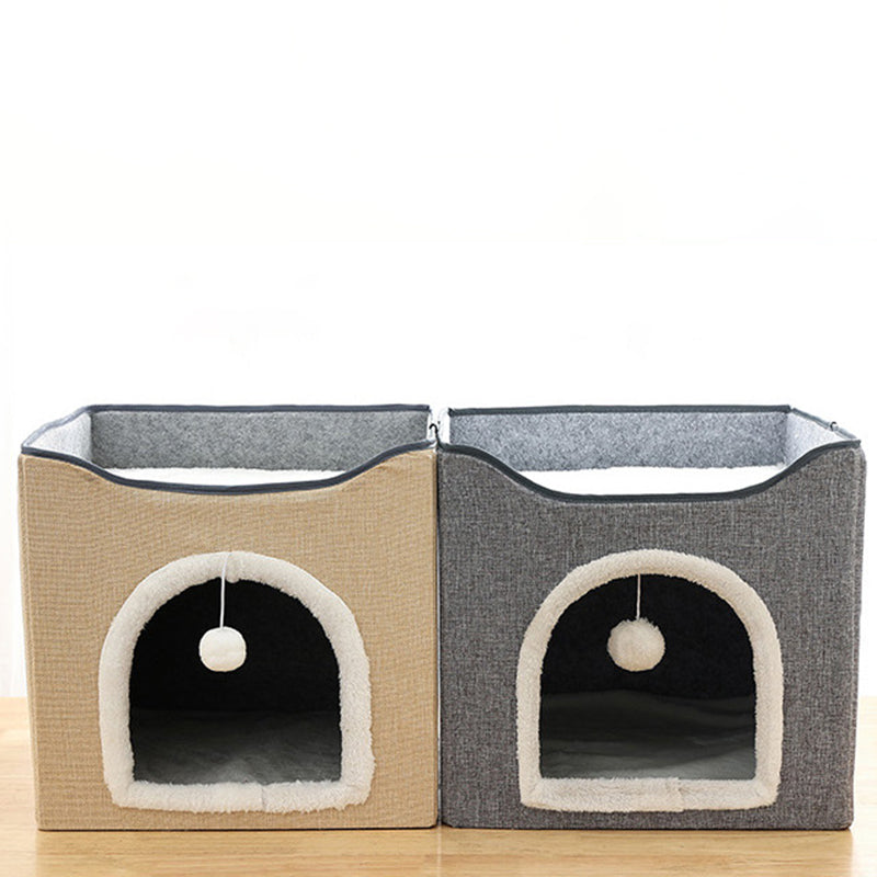 Modern Minimalist Linen Velvet MDF Sisal Square Foldable Cat Bed Double-Layer Pet House For Living Room & Bedroom