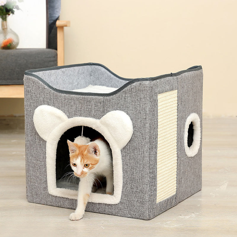 Modern Minimalist Linen Velvet MDF Sisal Square Foldable Cat Bed Double-Layer Pet House For Living Room & Bedroom