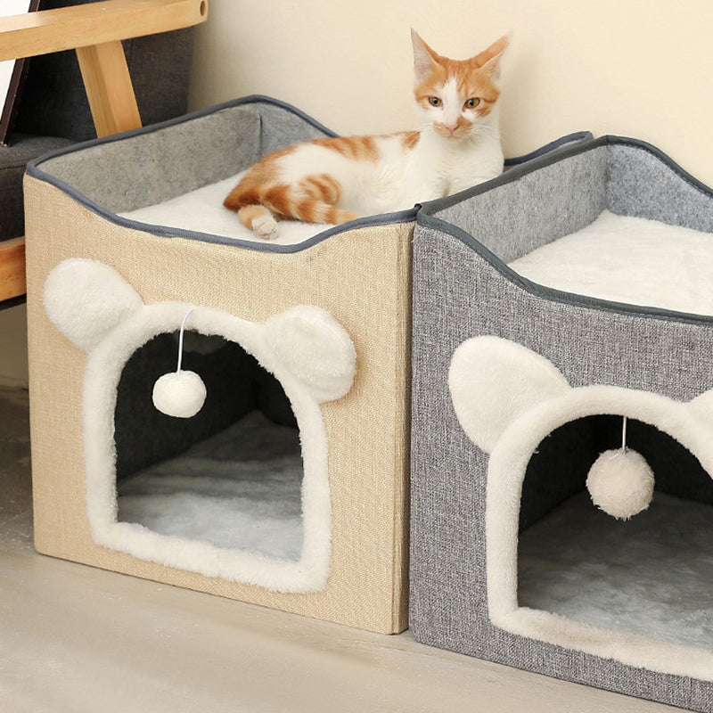 Modern Minimalist Linen Velvet MDF Sisal Square Foldable Cat Bed Double-Layer Pet House For Living Room & Bedroom