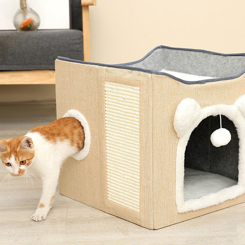 Modern Minimalist Linen Velvet MDF Sisal Square Foldable Cat Bed Double-Layer Pet House For Living Room & Bedroom