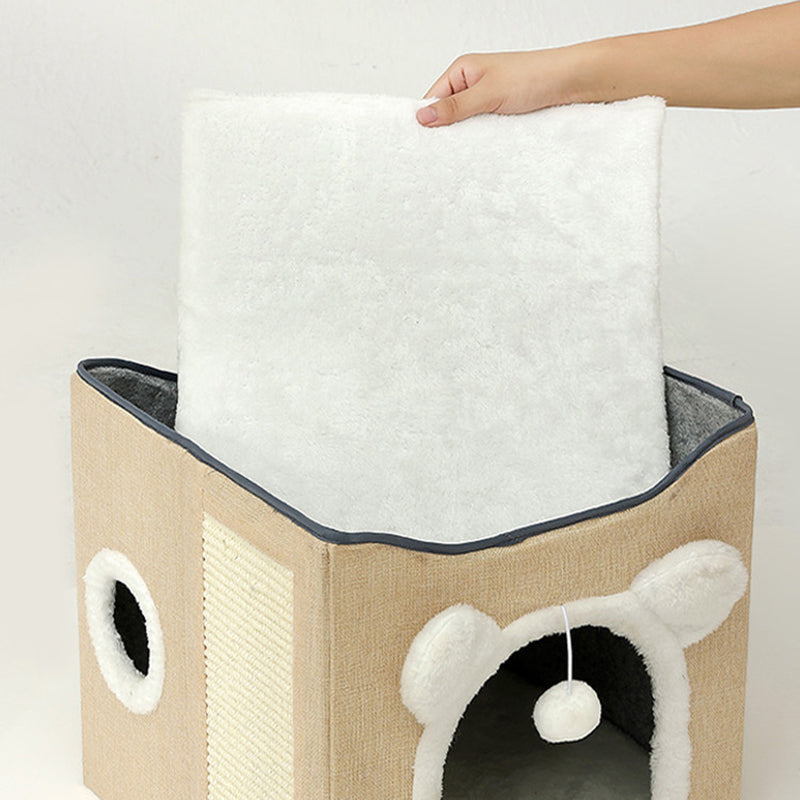 Modern Minimalist Linen Velvet MDF Sisal Square Foldable Cat Bed Double-Layer Pet House For Living Room & Bedroom