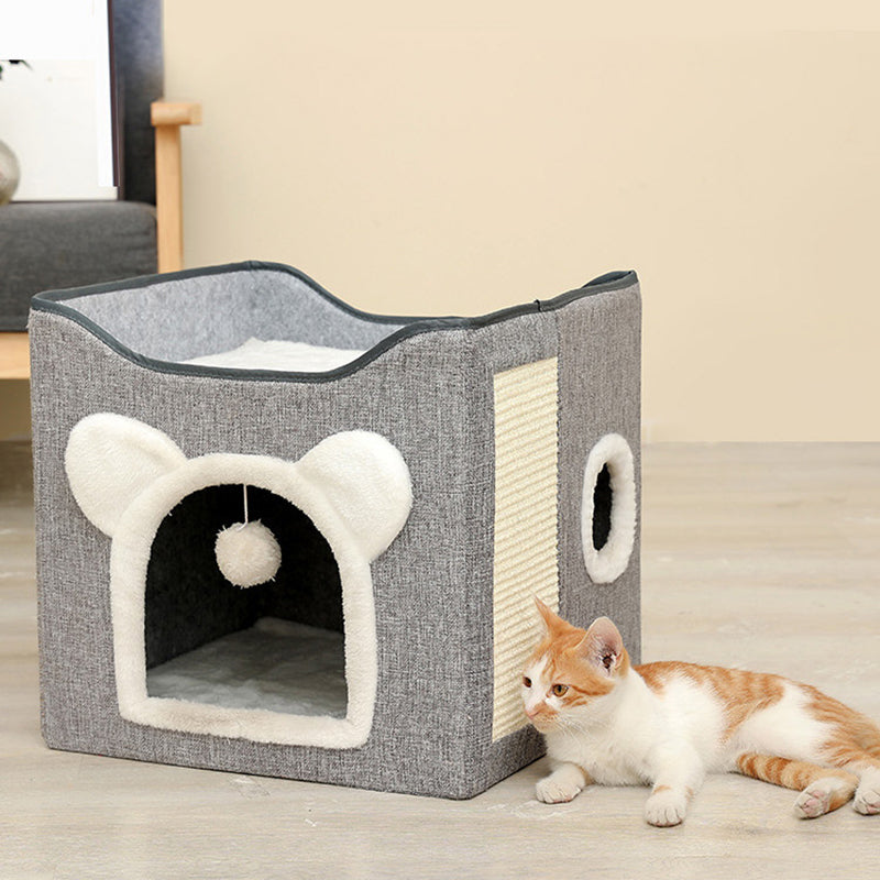 Modern Minimalist Linen Velvet MDF Sisal Square Foldable Cat Bed Double-Layer Pet House For Living Room & Bedroom