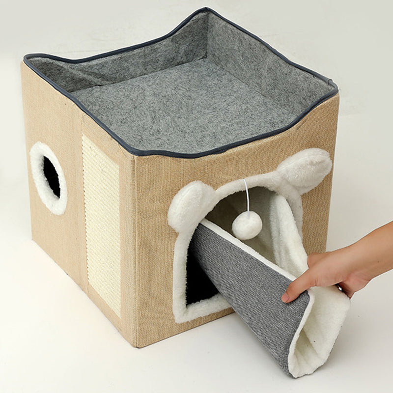 Modern Minimalist Linen Velvet MDF Sisal Square Foldable Cat Bed Double-Layer Pet House For Living Room & Bedroom