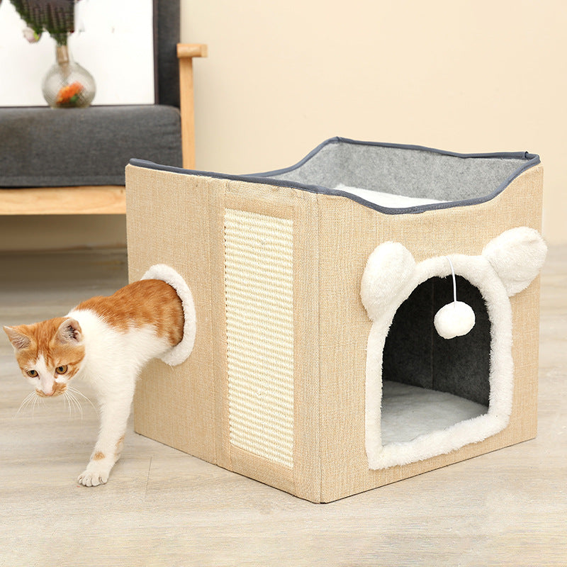 Modern Minimalist Linen Velvet MDF Sisal Square Foldable Cat Bed Double-Layer Pet House For Living Room & Bedroom