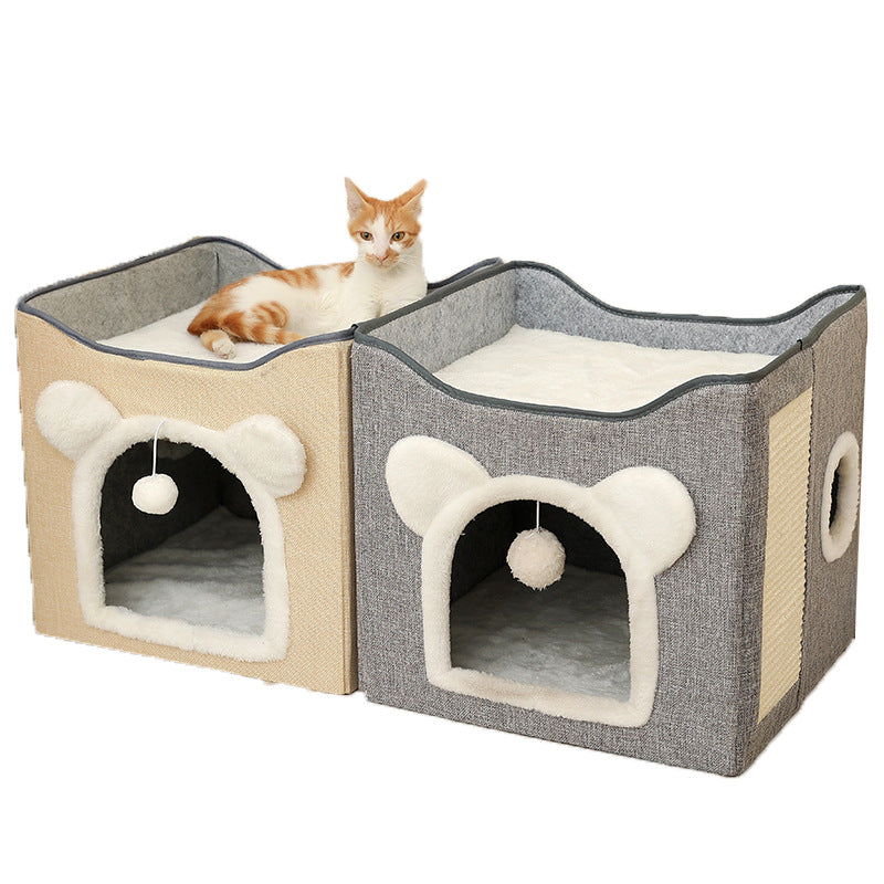 Modern Minimalist Linen Velvet MDF Sisal Square Foldable Cat Bed Double-Layer Pet House For Living Room & Bedroom