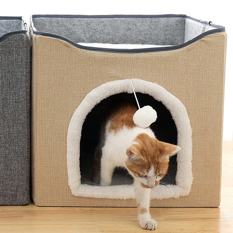 Modern Minimalist Linen Velvet MDF Sisal Square Foldable Cat Bed Double-Layer Pet House For Living Room & Bedroom