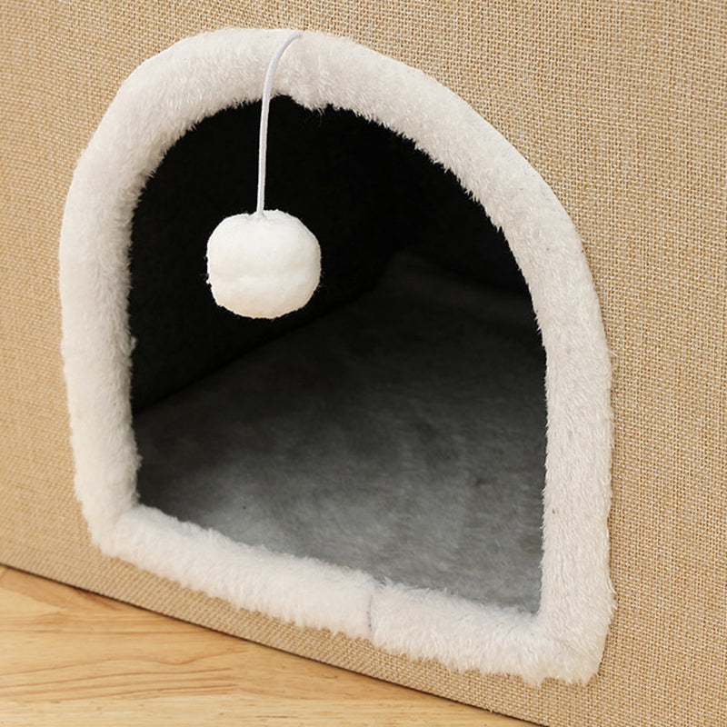 Modern Minimalist Linen Velvet MDF Sisal Square Foldable Cat Bed Double-Layer Pet House For Living Room & Bedroom