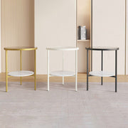 Modern Minimalist Cylindrical Round Glass Stone Slab Iron Side Table 2-Tier For Living Room