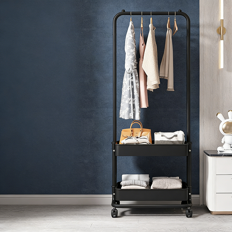 Modern Minimalist Plastic Steel Iron Rectangular Movable Hall Tree 2-Tier Storage For Living Room & Bedroom