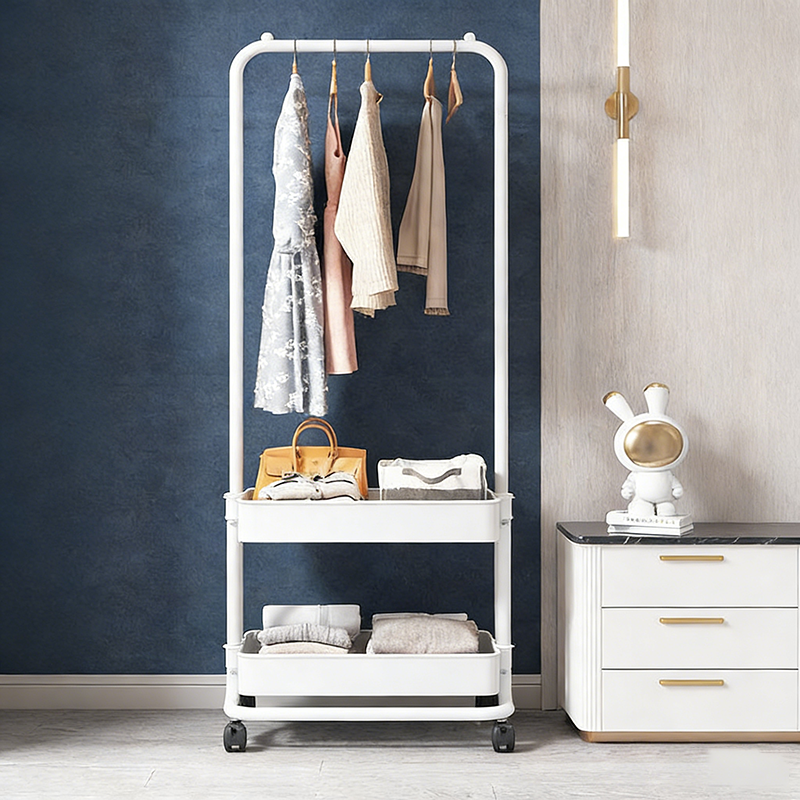 Modern Minimalist Plastic Steel Iron Rectangular Movable Hall Tree 2-Tier Storage For Living Room & Bedroom
